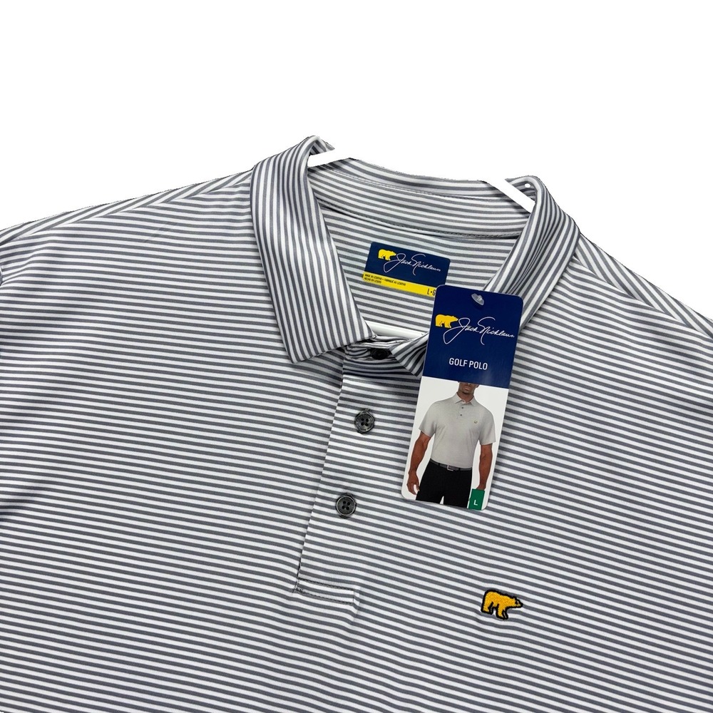 Jack Nicklaus Golf Polo Shirt Mens L Grey Stripe Short Sleeve UPF 15 Wicking NEW